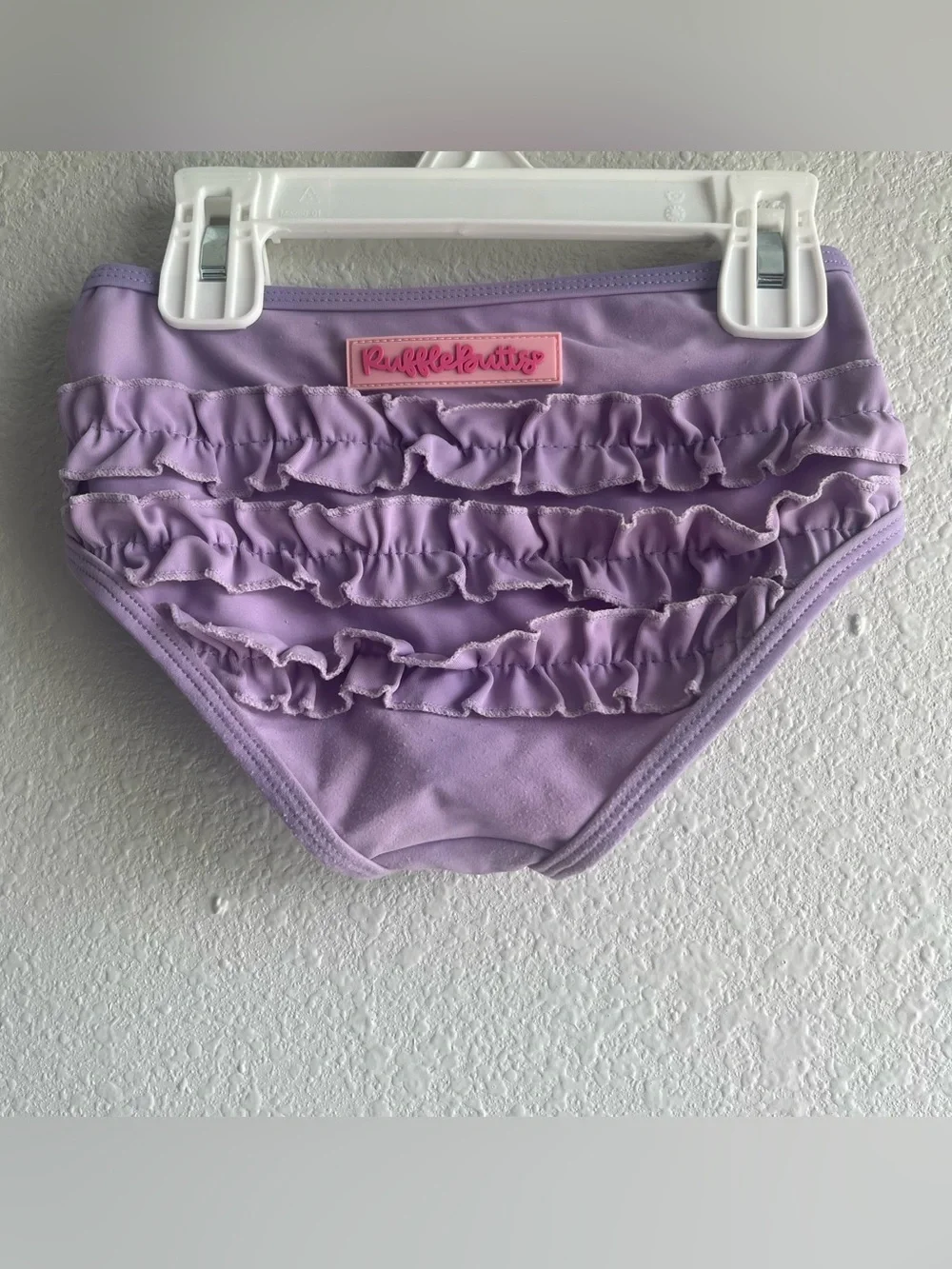 RuffleButts scallop hem long sleeve girls’ rash guard 2-piece swimsuit wisteria